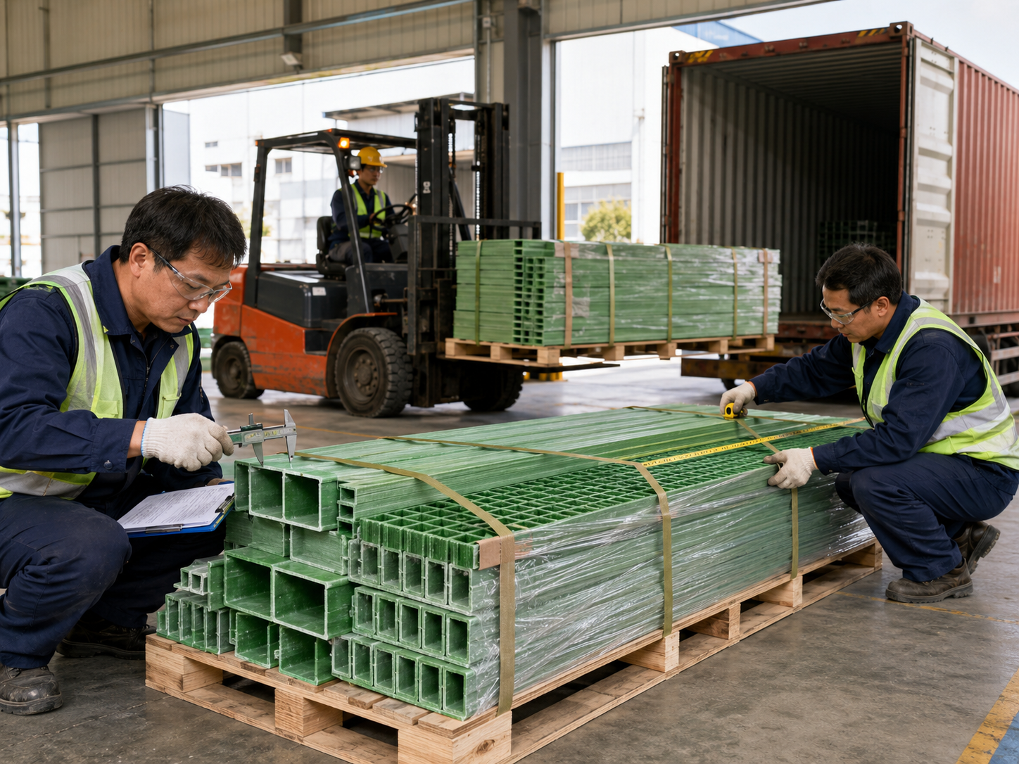 FRP product dimensional inspection pallet packaging and container loading