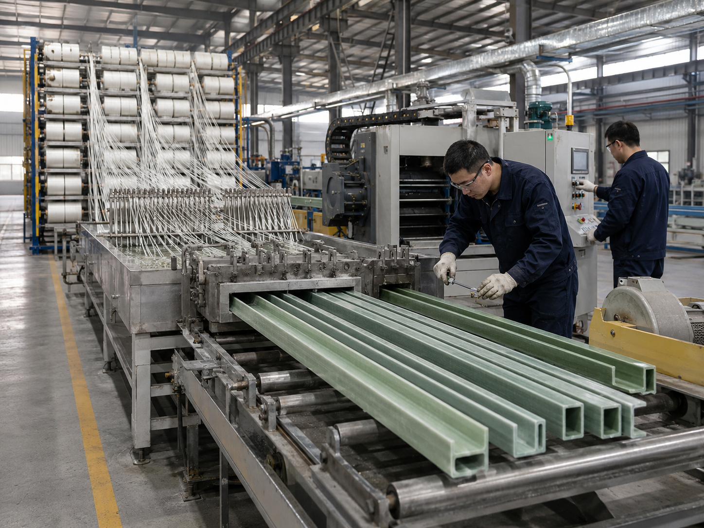 Workers producing molded fiberglass grating in the Leihong FRP factory