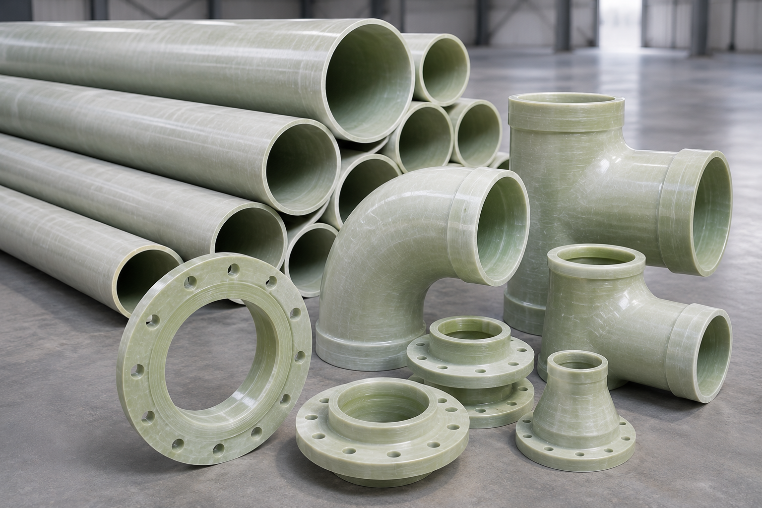 FRP pipes, elbows, flanges and tees for corrosive fluid handling