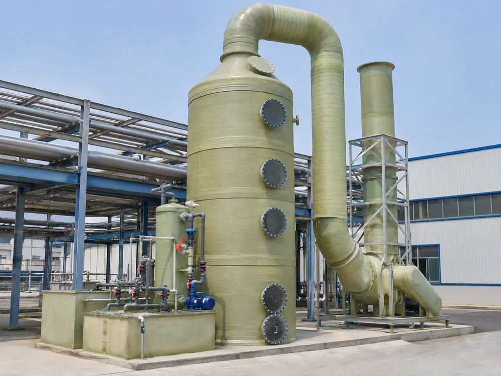FRP scrubber tower system for industrial gas and odor treatment