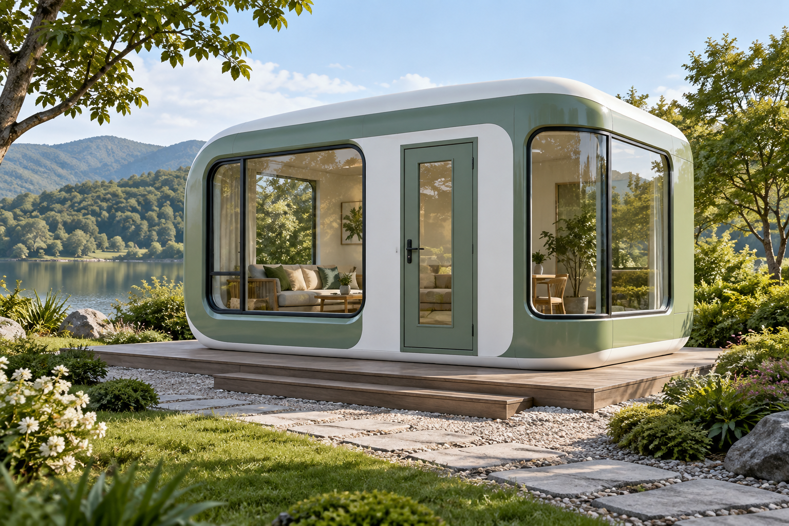 Concept image of a fiberglass house for a landscaped commercial space